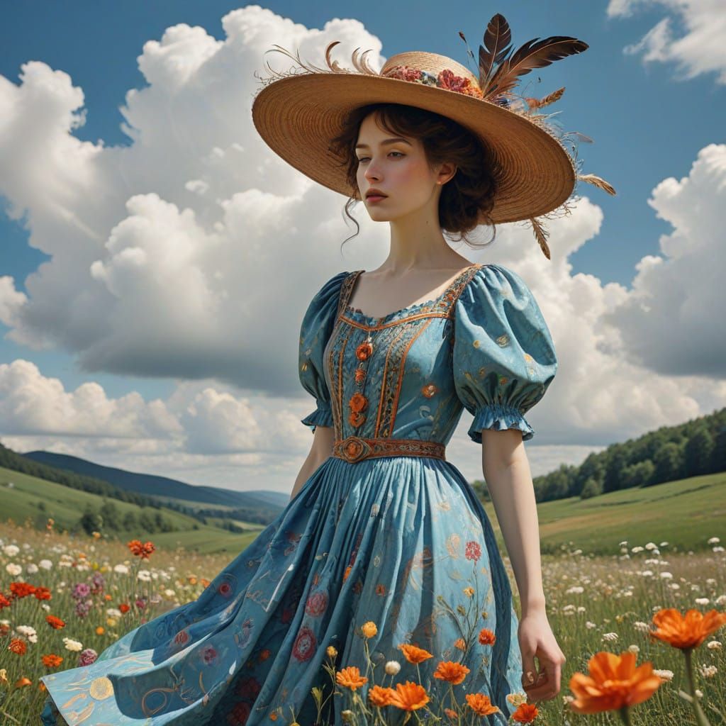 Elegant Woman in Whimsical Landscape with Feathers and Flowe...