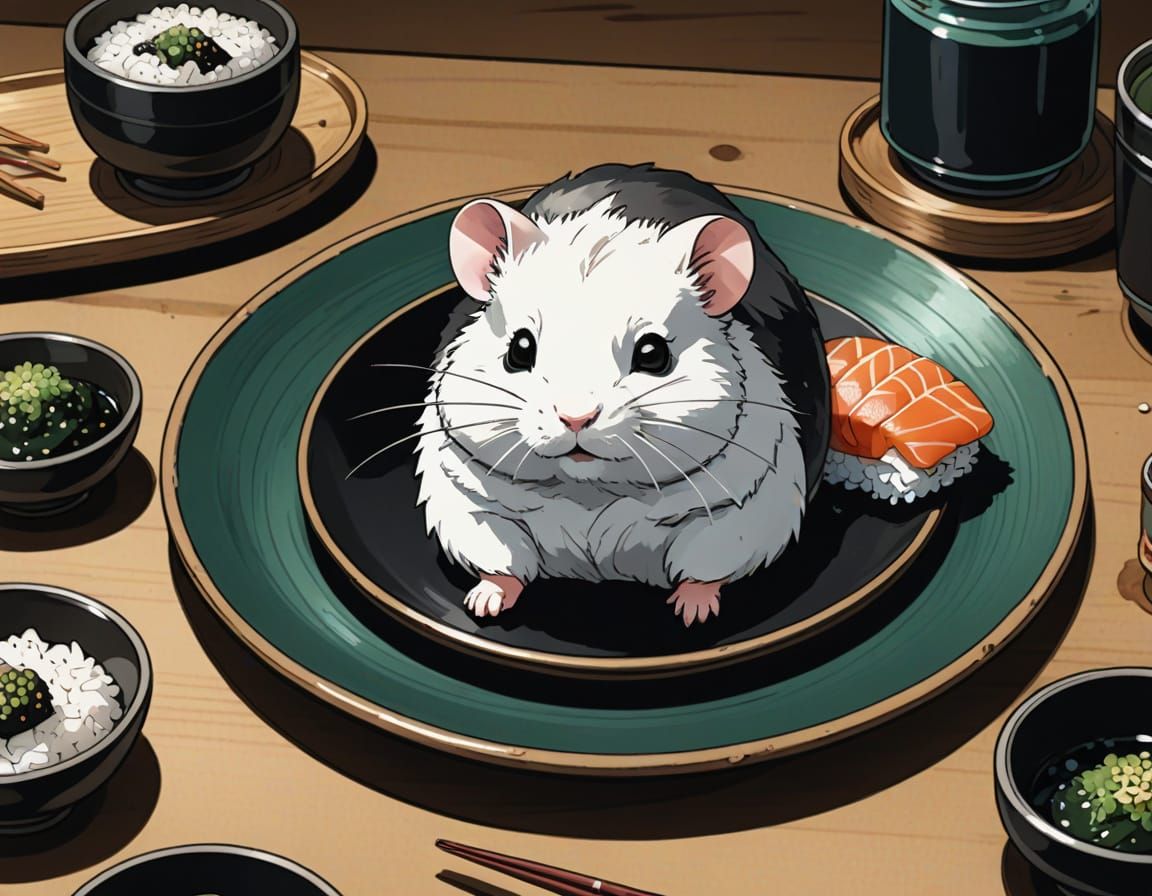 Cute Sushi Hamster in Traditional Japanese Art Style
