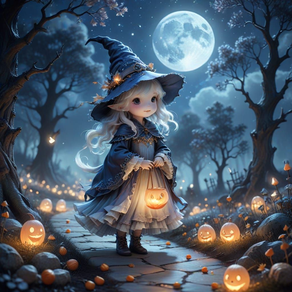 Charming Chibi Ghost in Witch Hat on Candy Corn Path