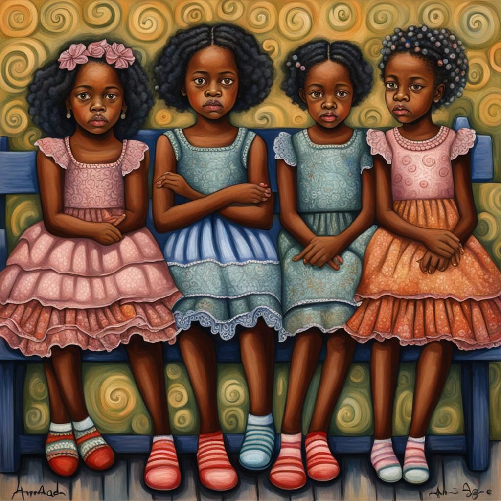 Black Girls on a Bench in Folk Art Expressionism