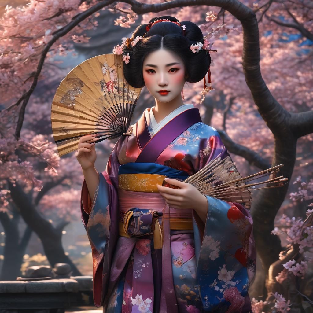 Geisha in Cherry Garden: A Vibrant Oil Painting