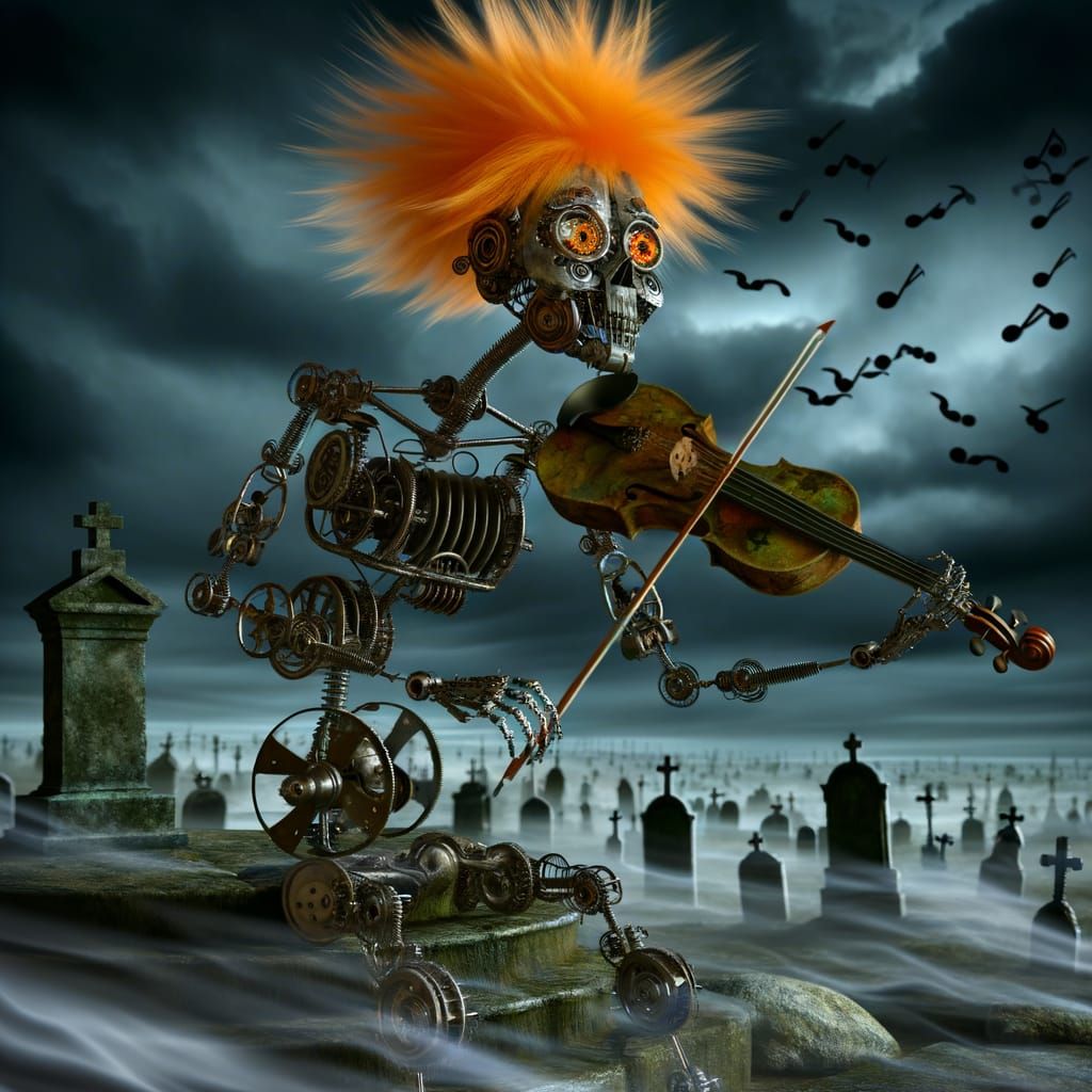 Gothic Golem Plays Clockwork Violin in Dieselpunk Style