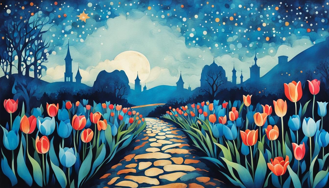 Whimsical Blue Tulips Garden Path Poster