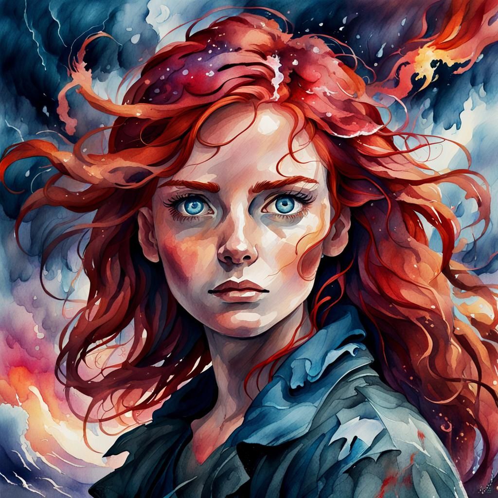 Whimsical Watercolor Portrait of a Stormy-Eyed Woman