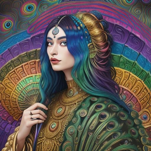 Woman with Rainbow Serpent and Peacock Feathers