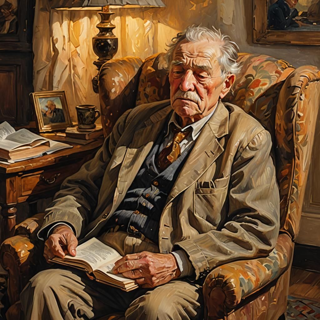 Cozy Oil Painting of Elderly Man Napping