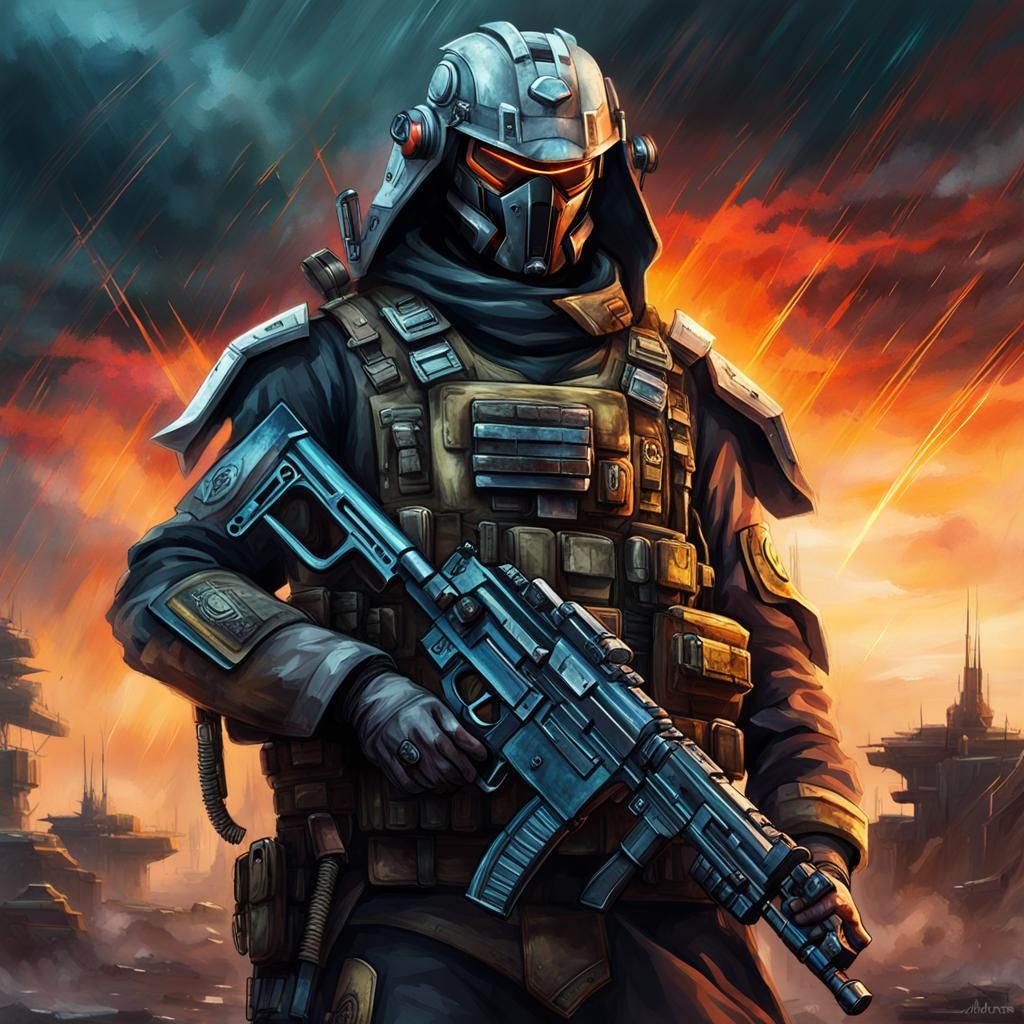 Cyberpunk Soldier in a Stormy Post-Apocalyptic Landscape
