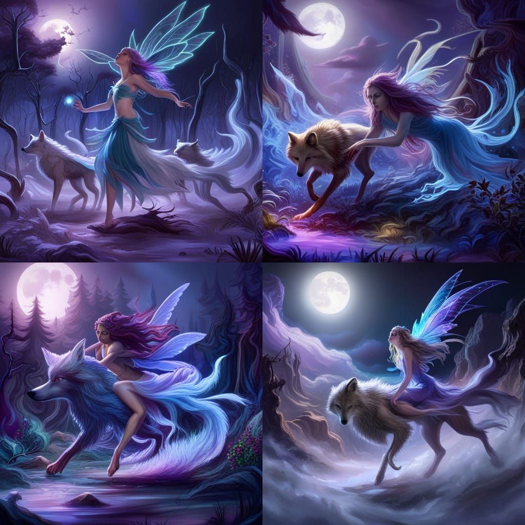 Magical Forest with Fairies and Wolf in Moonlight