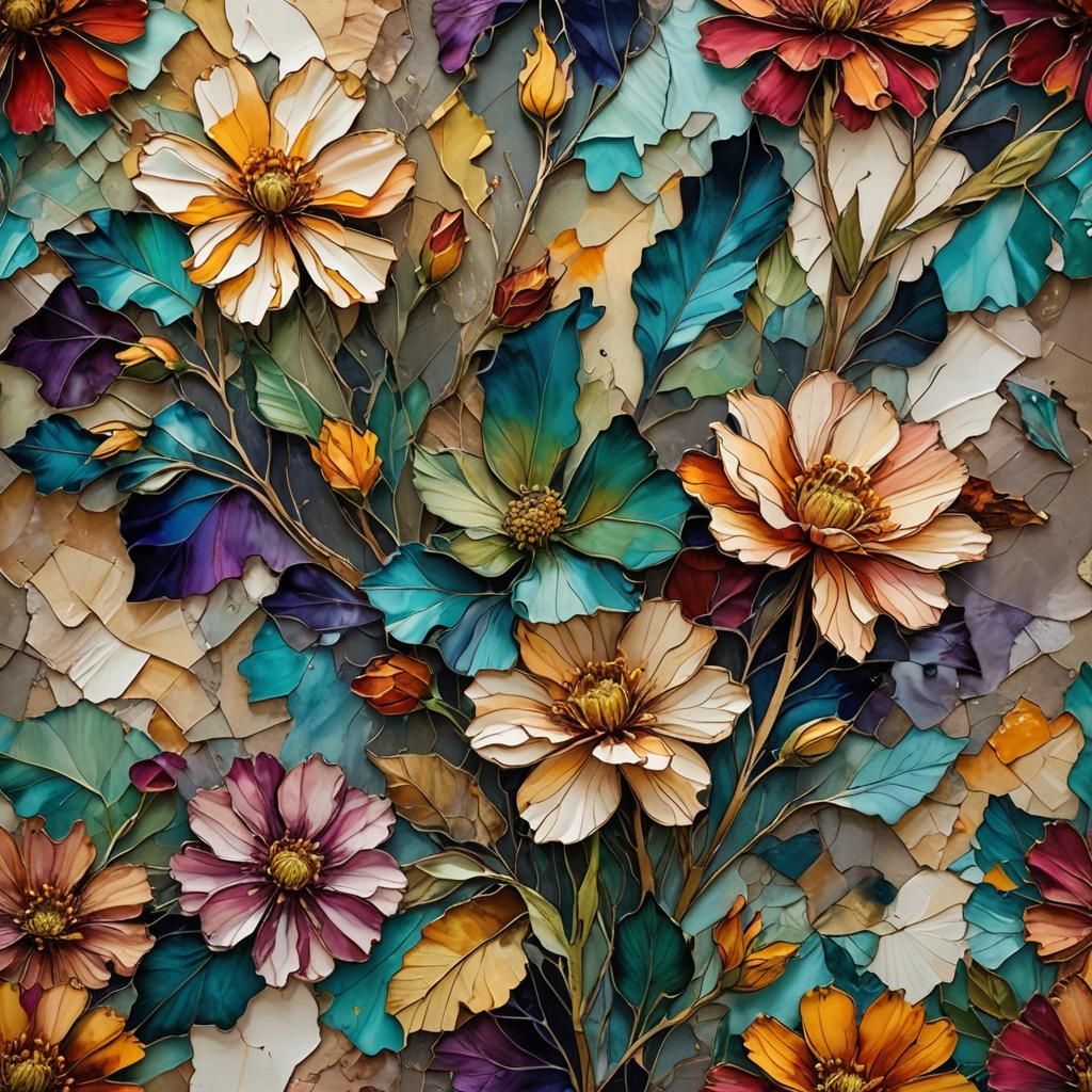 Colorful Torn Paper Flower Collage in Art Deco Style