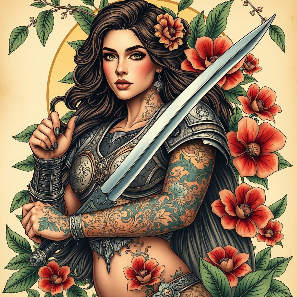 Latina Warrior with Art Nouveau Tattoos