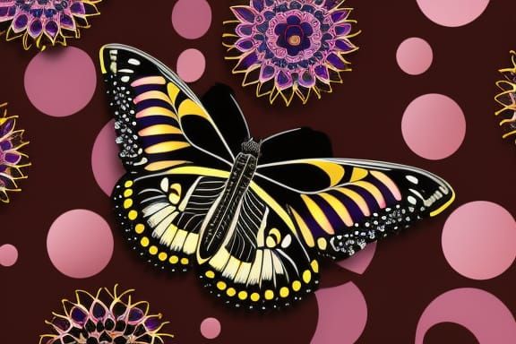 Butterfly on Flowers: Black and Gold Digital Art