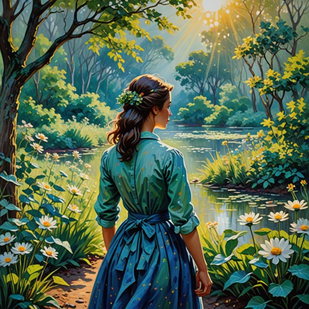Girl Interacting with Nature in Impressionist Style