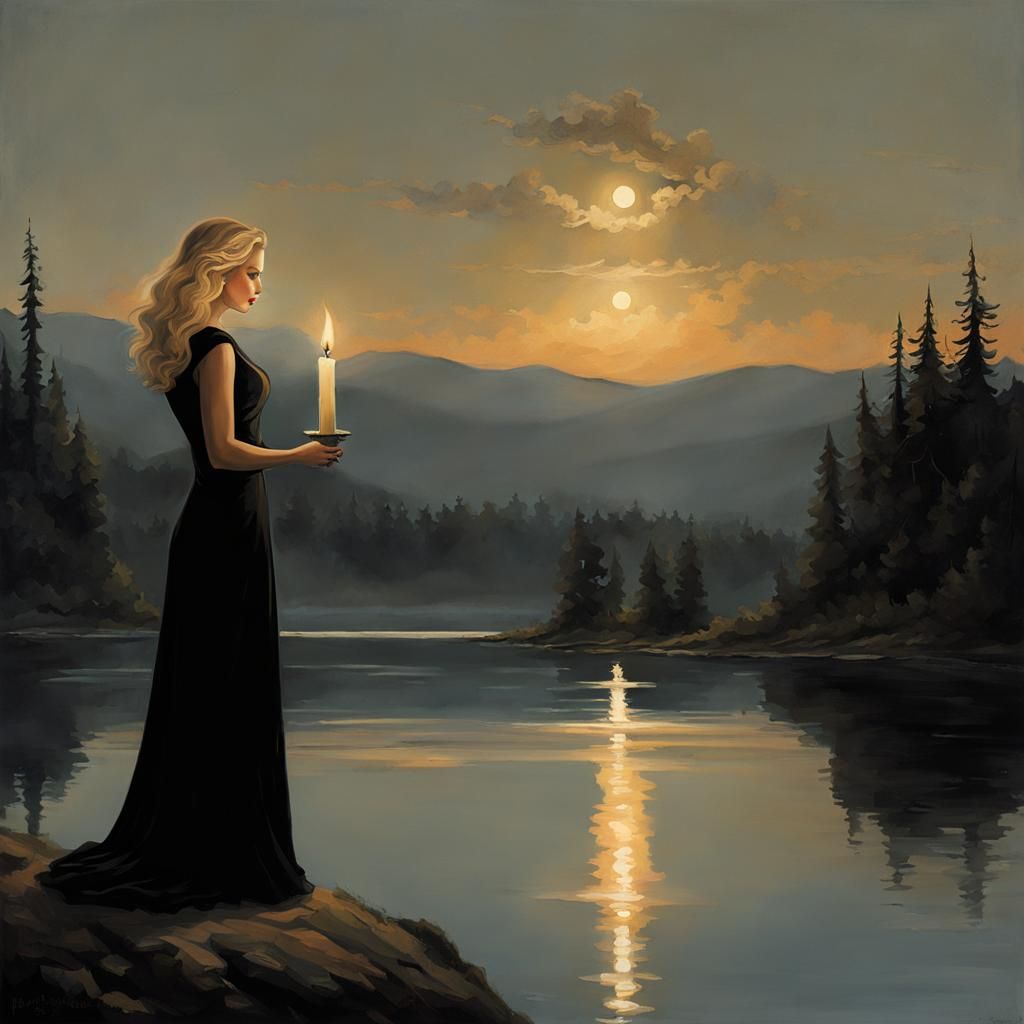 Sinister Lakeside Scene with Girl and Candle