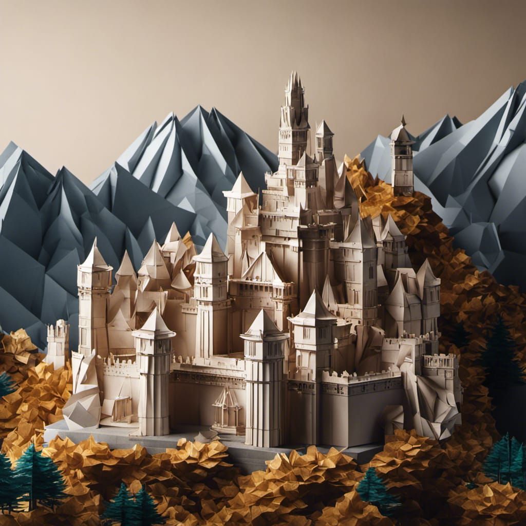 Origami Castle Between Mountains in Papercraft Style