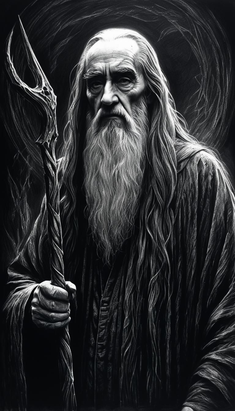 Dramatic Charcoal Portrait of Wizard in Dark Chamber
