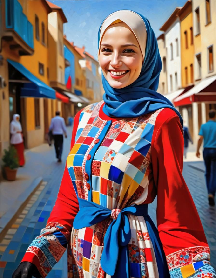 Woman in Hijab: Detailed Oil Painting in Cityscape