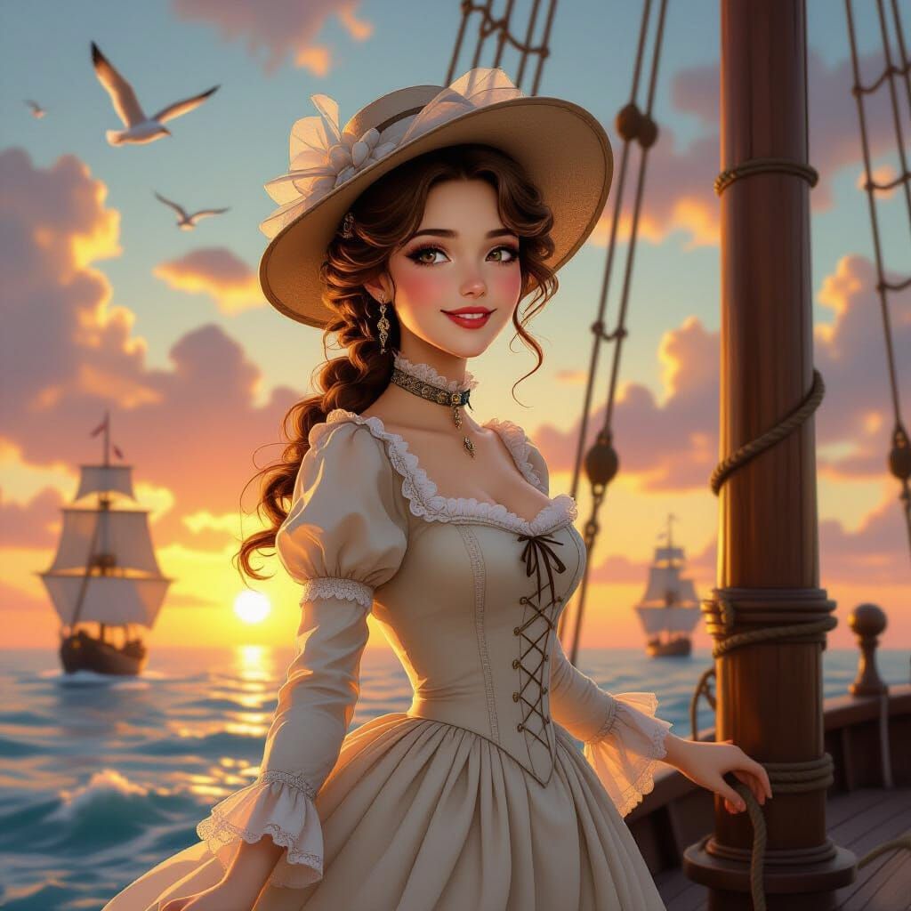 Victorian Girl on Ship Mast at Sunrise