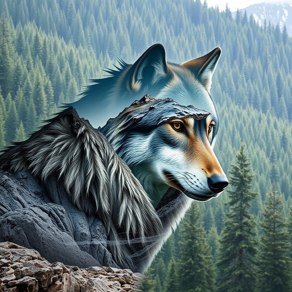 Wolf in Double Exposure Forest Scene
