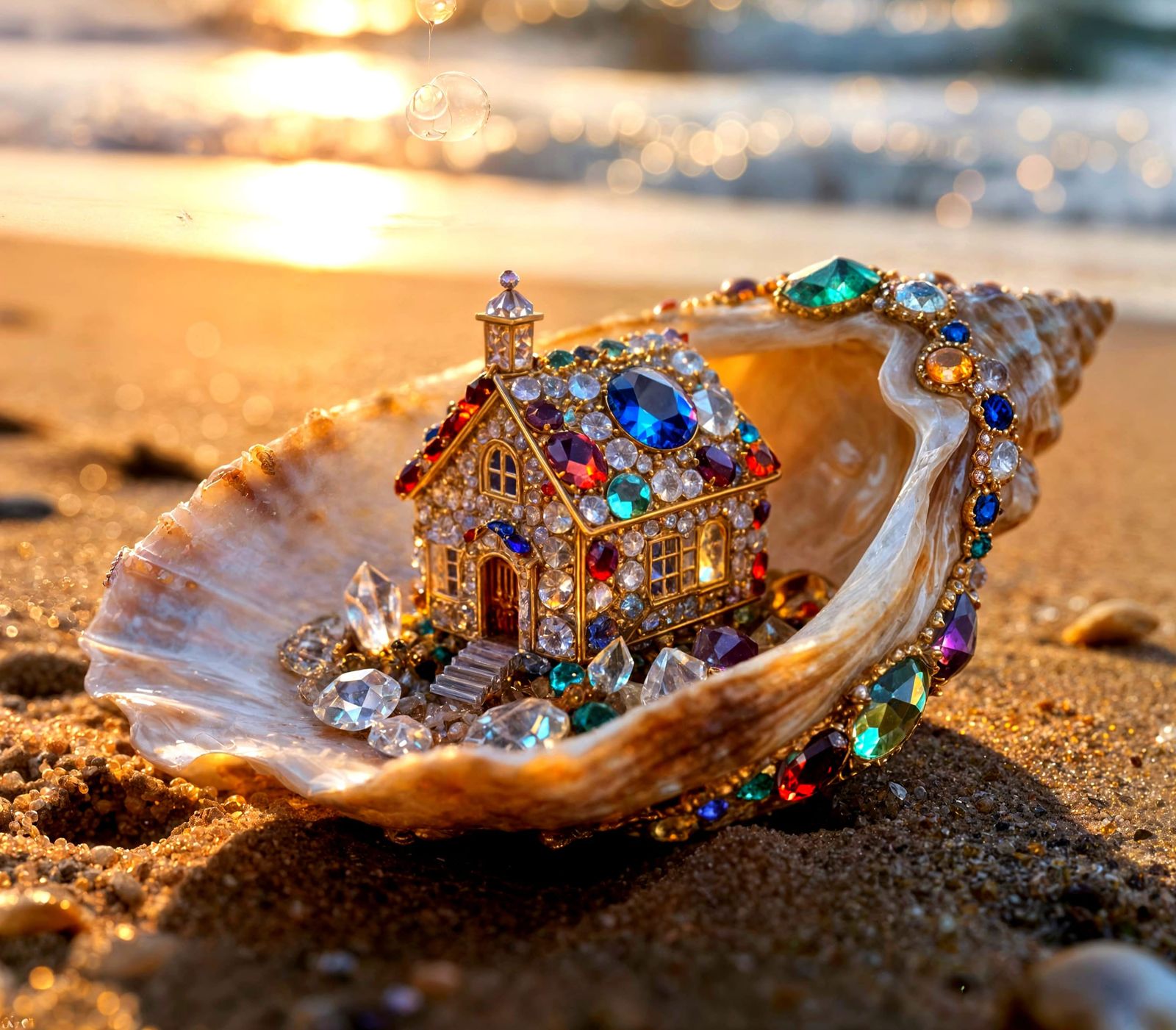 Tiny Jeweled House Inside a Seashell on Beach