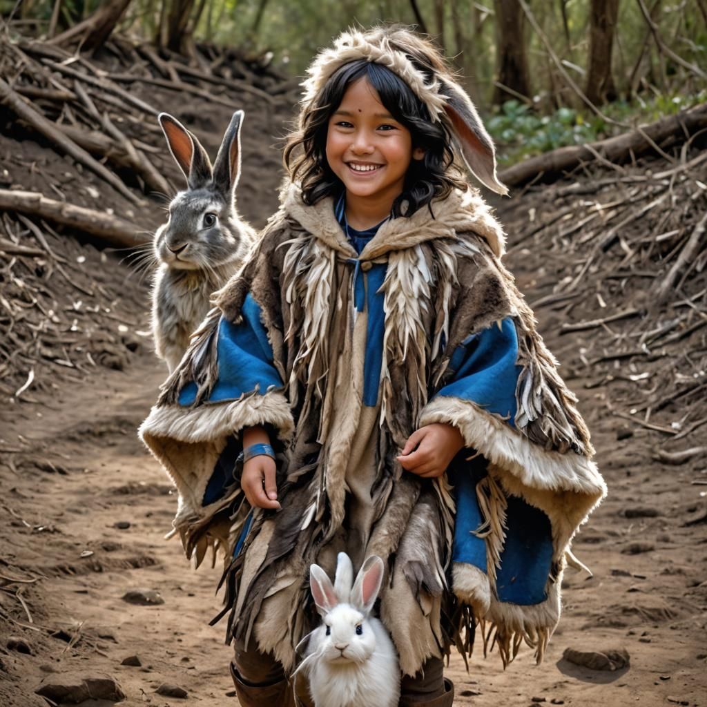 Boy with Rabbit Ears Carries Girl in Fur Clothing