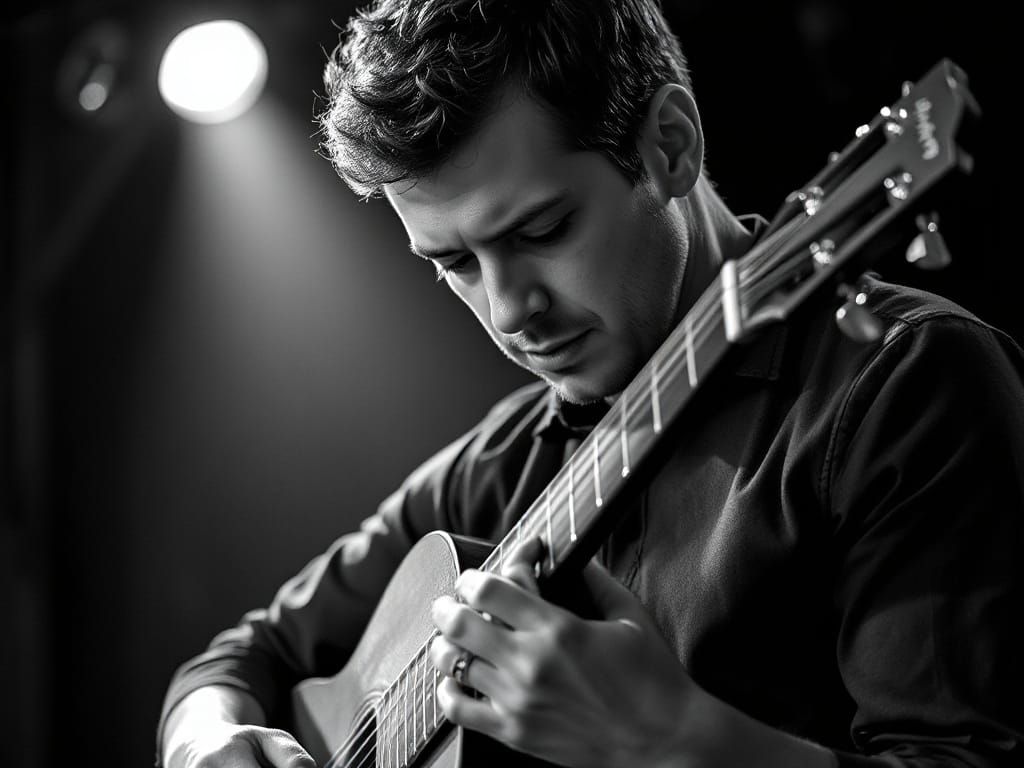 Black and White Close-Up of Guitarist in Spotlight