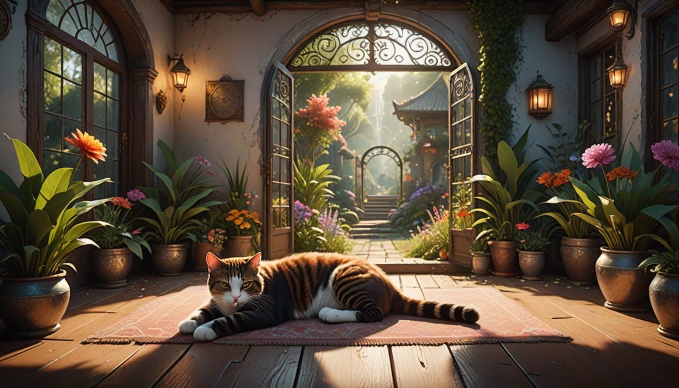 Cats Bask in Golden Light Through Open Doorway