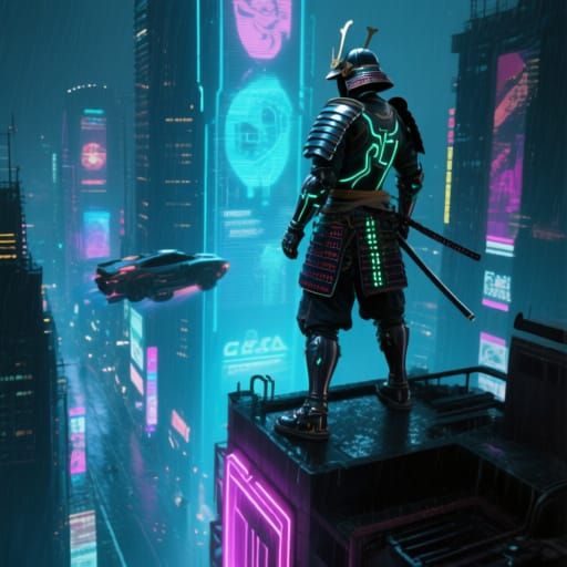 Cyberpunk Samurai Overlooking Futuristic Cityscape