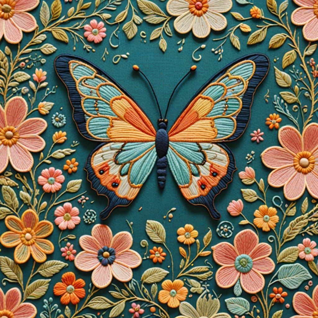 Butterfly with Human Face in Embroidery Style
