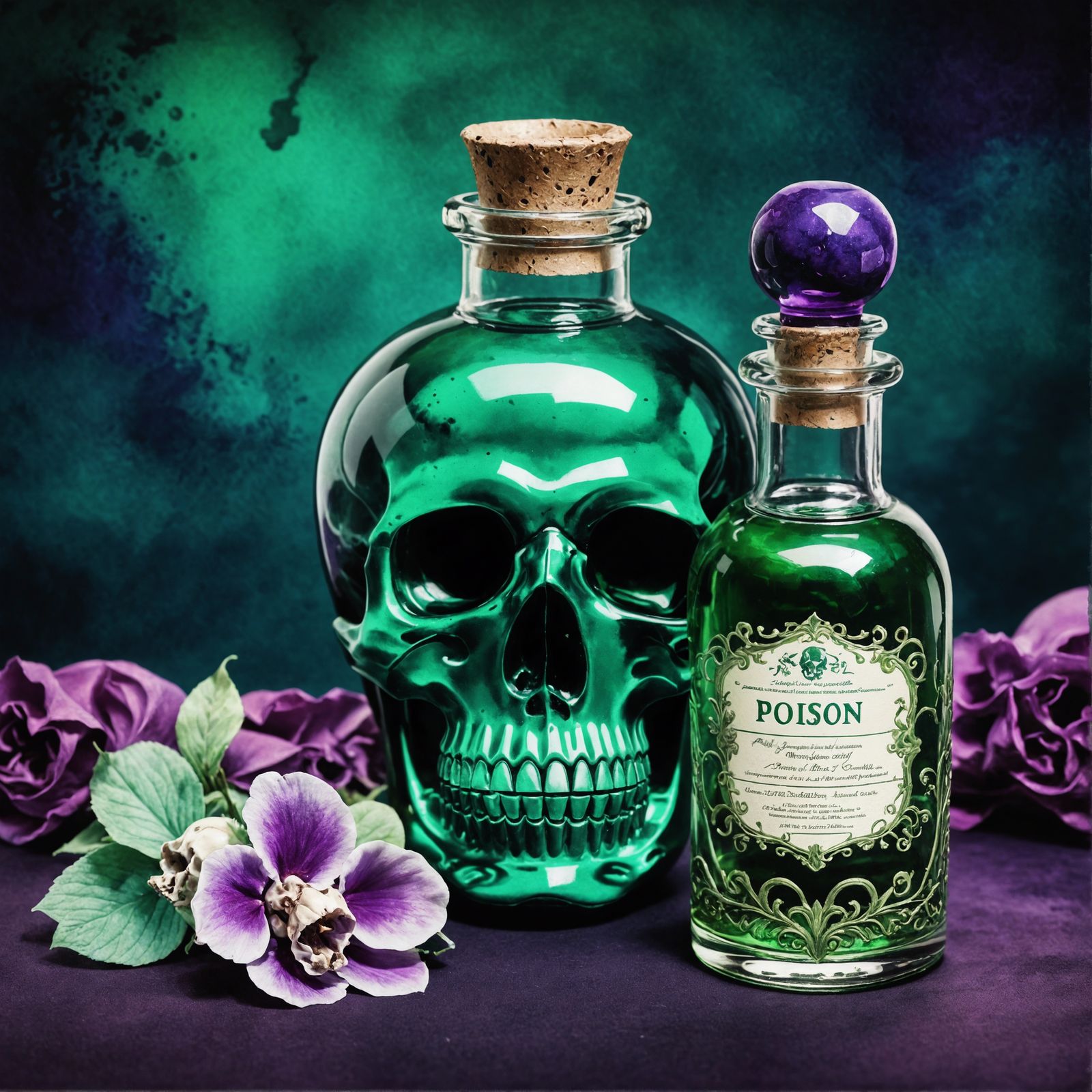 Watercolor Poison Potion with Skull Label in Gothic Art