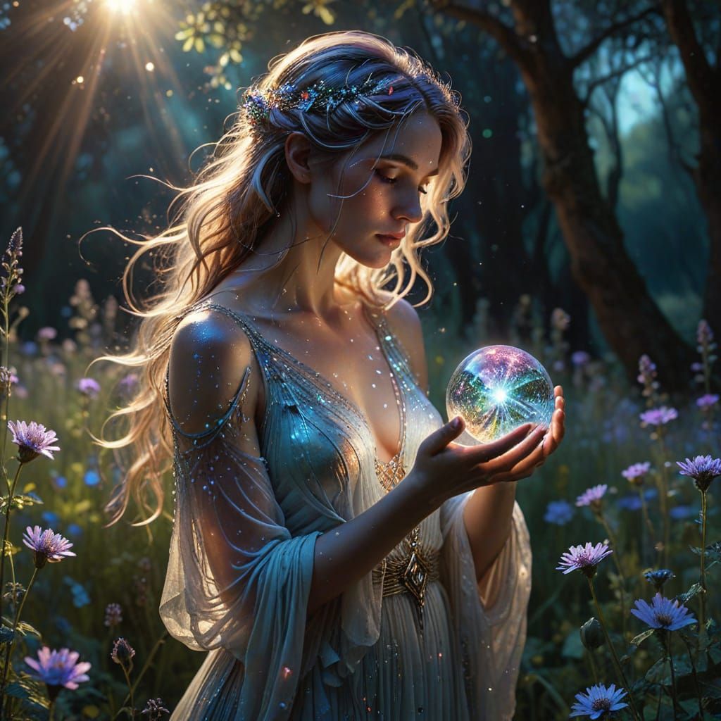 Goddess with Crystal Orb in Ethereal Landscape