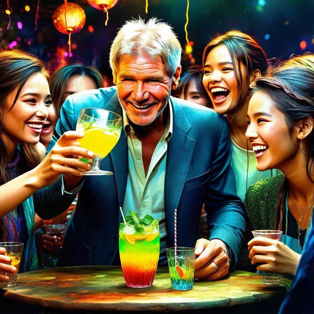 Smiling Man Serving Drinks at Party, Digital Illustration