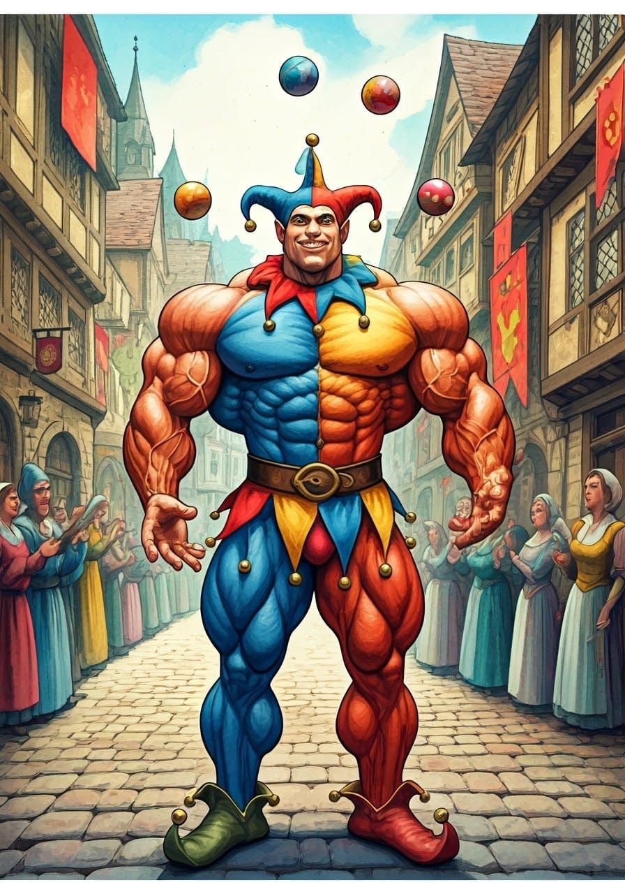 Vibrant Medieval Jester in Whimsical Watercolor