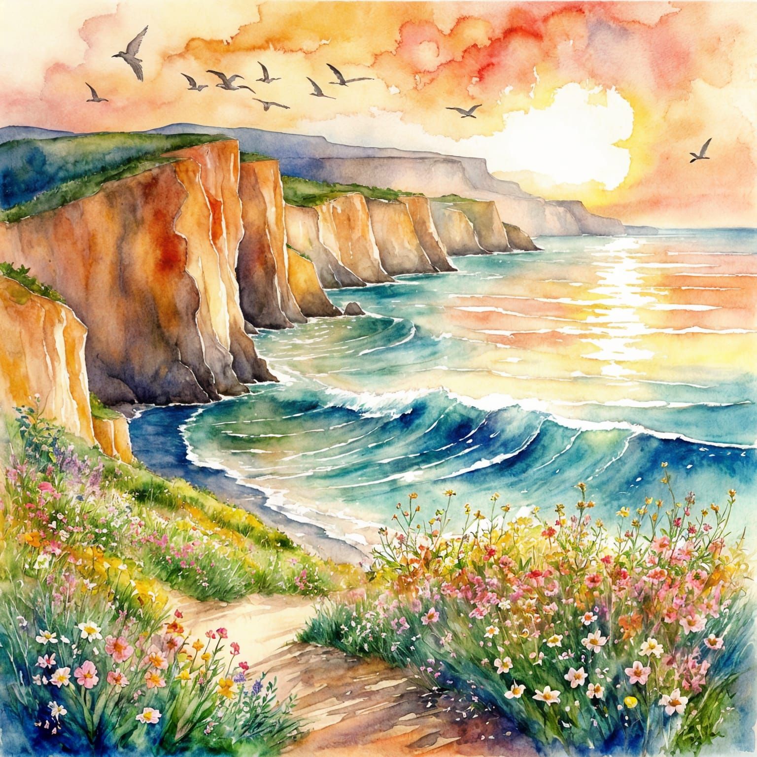 Seaside Cliff Garden with Pastel Waves in Watercolour