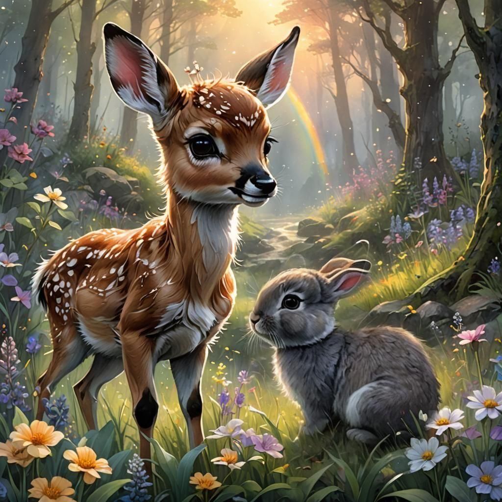 Chibi Bunny in Forest Clearing, Storybook Illustration