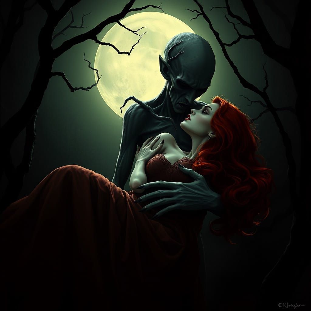 Nosferatu Embracing the Pale Redhead in Moonlit Shadows