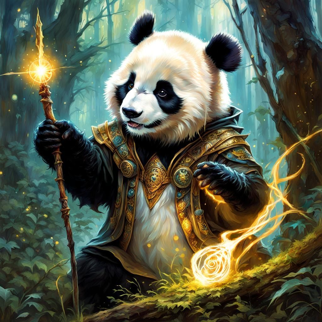 Enchanted Baby Panda Wizard in Forest, Fantasy Art