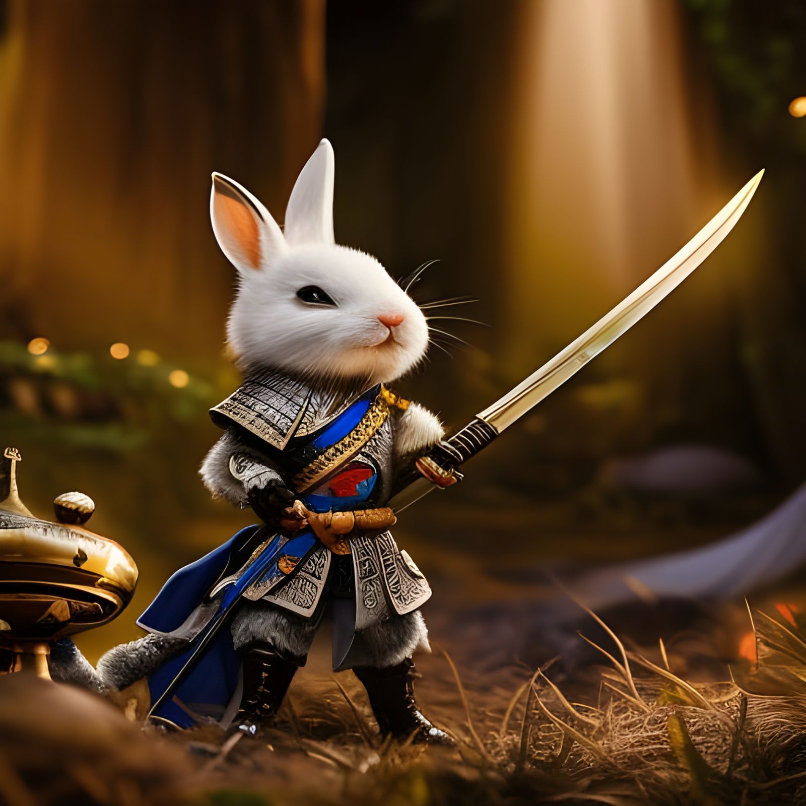 Samurai Rabbit Warrior with Katana Sword, 3D Render