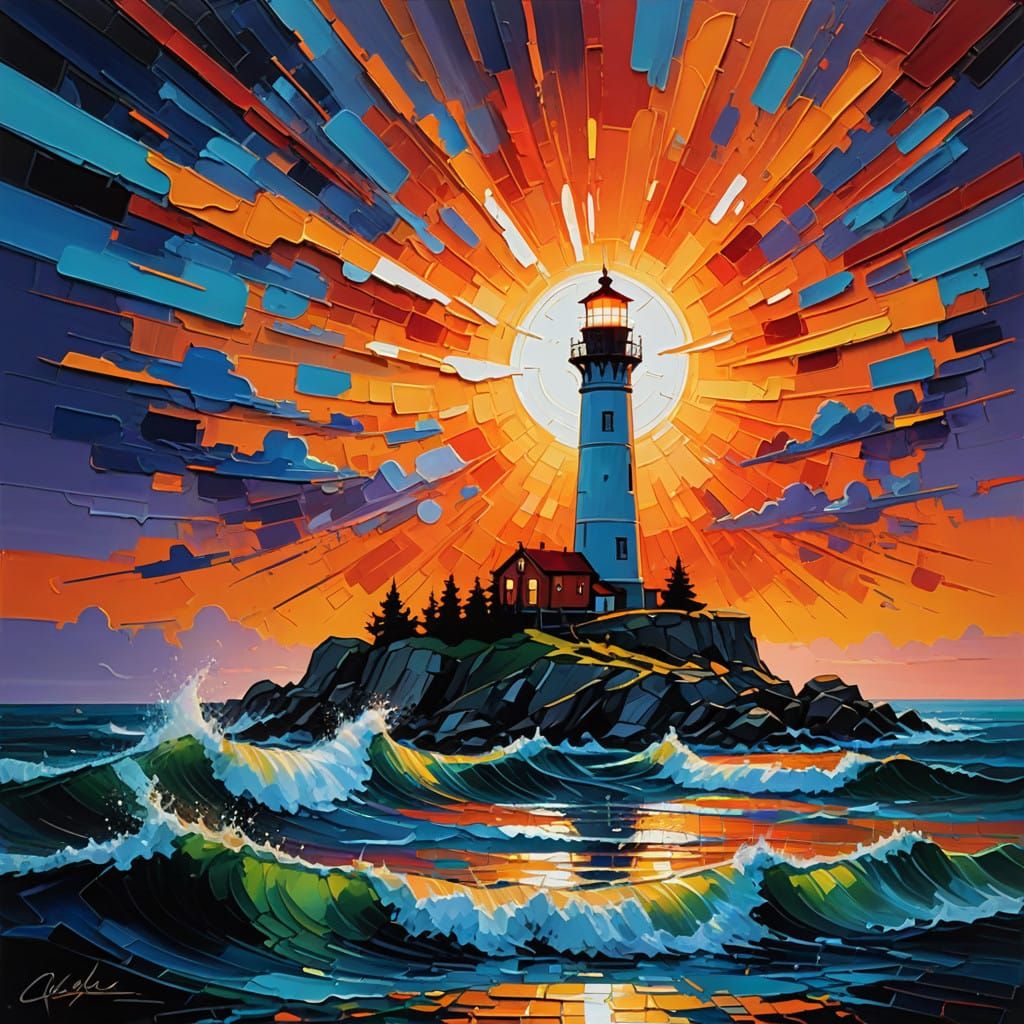 Dramatic Impasto Sunset Over a Lighthouse in Vibrant Colors