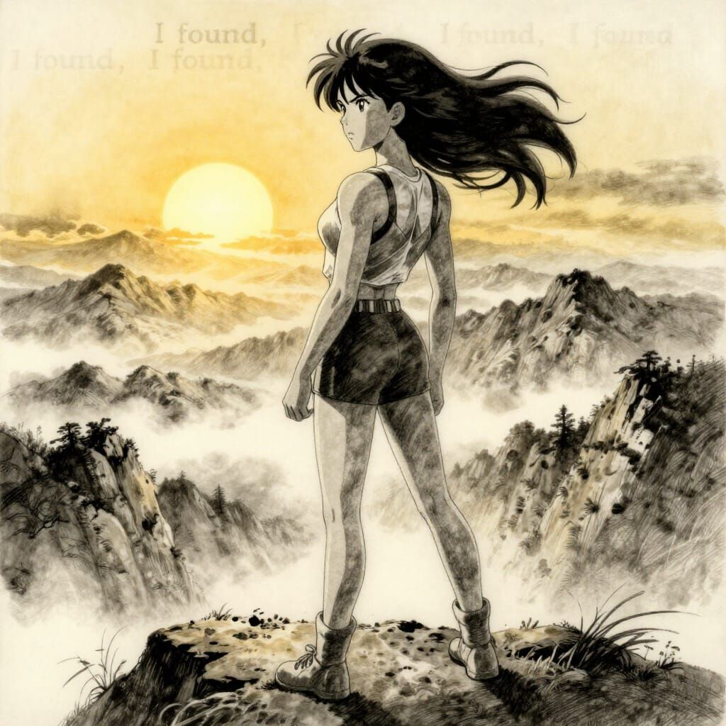 Determined Woman on Mountaintop in 80s Anime Style