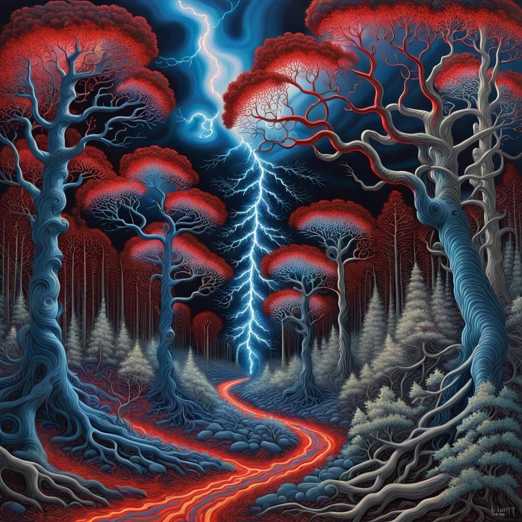 Surreal Metal Forest with Electric Lightning