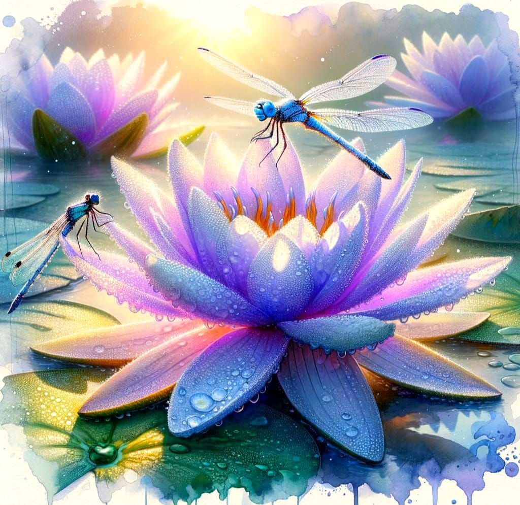 Watercoloured Lily Pond Scene with Dragonflies