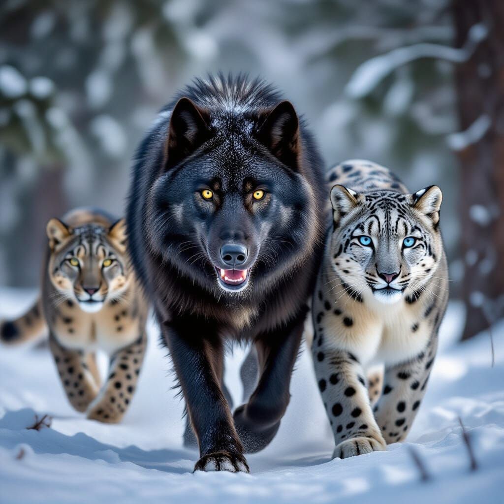 Wolf and Lion Run Together Through Forest