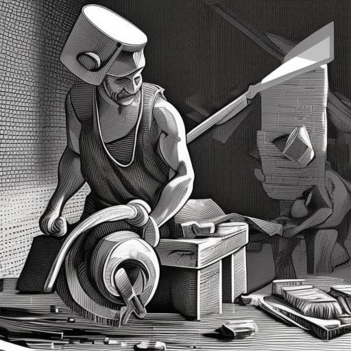 18th Century Laborers Grinding Scissors: Linocut