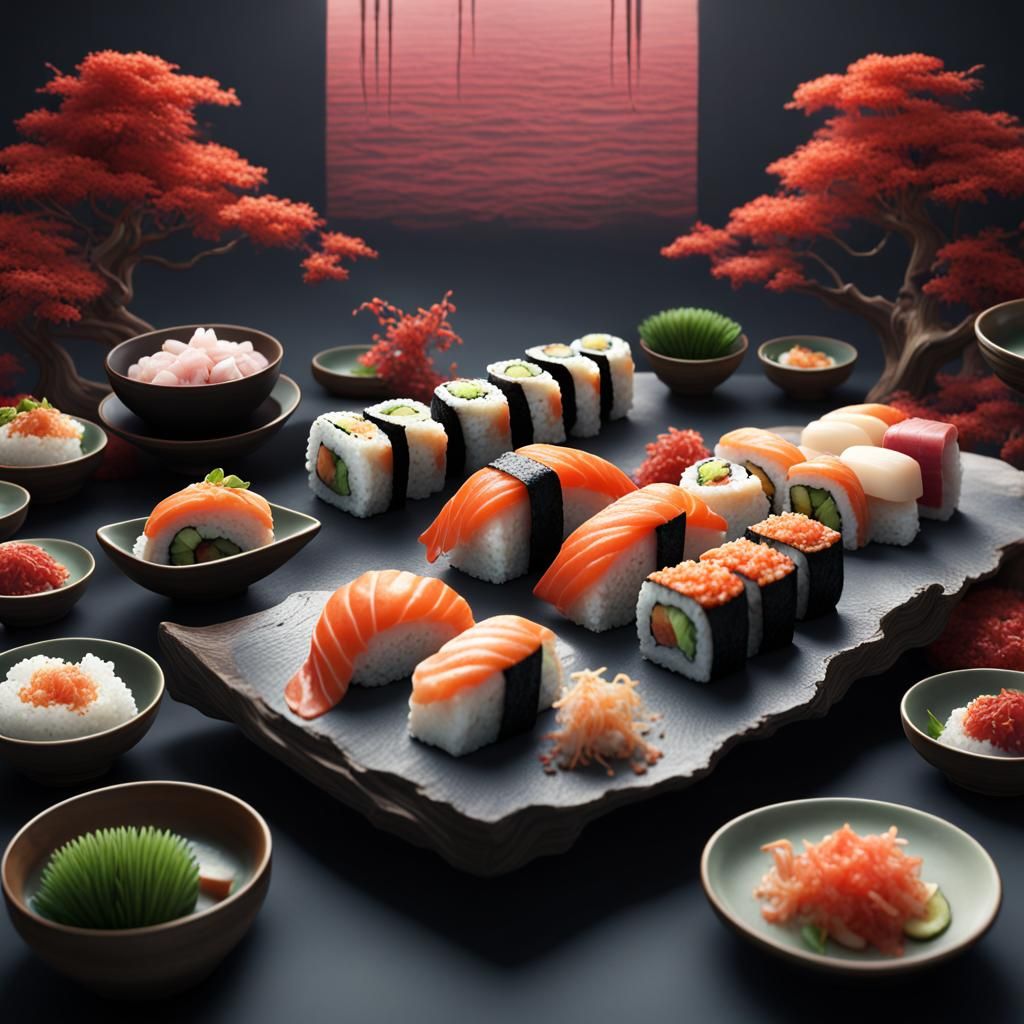 Fantastical Sushi in Detailed Matte Painting Style