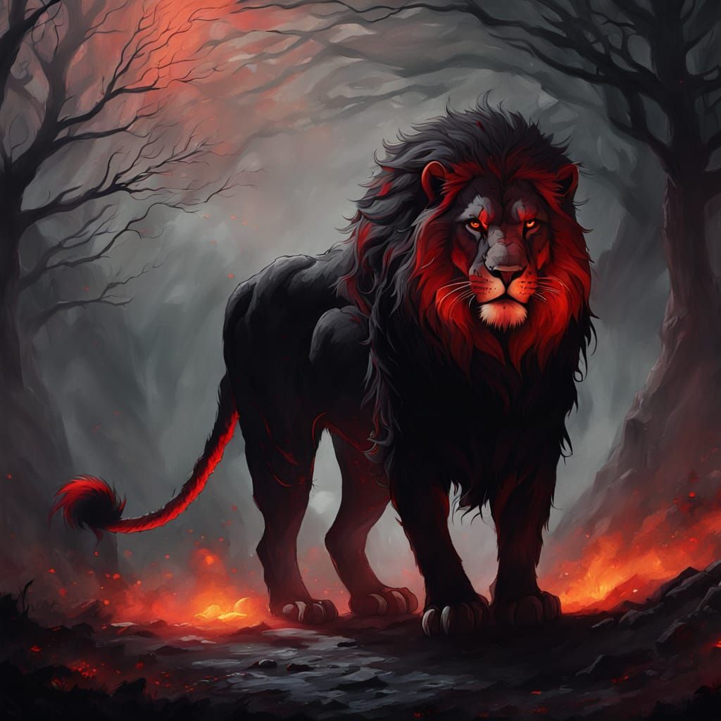 Crimson Winged Lion in Dark Gothic Realm