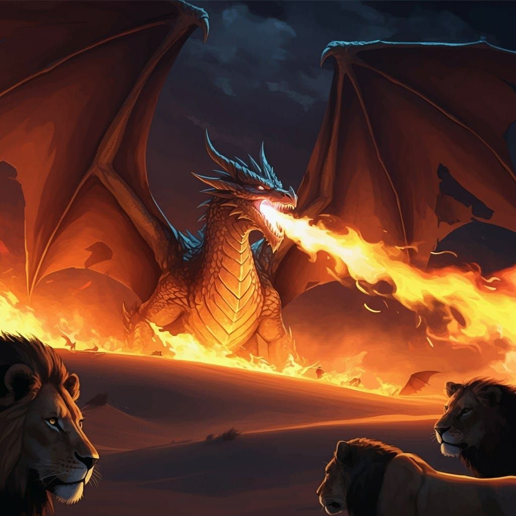 Dragon Battles Wildfire in Desert, Studio Trigger Style