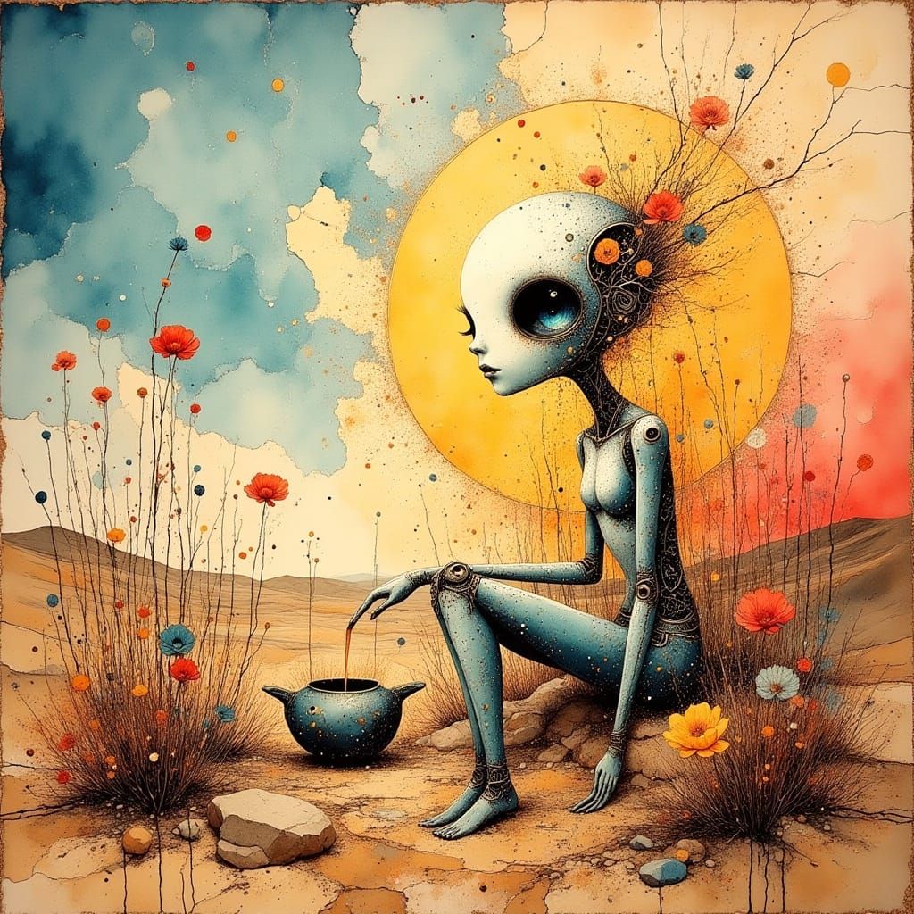 Surreal Robot Waters Desert Flowers in Golden Hour