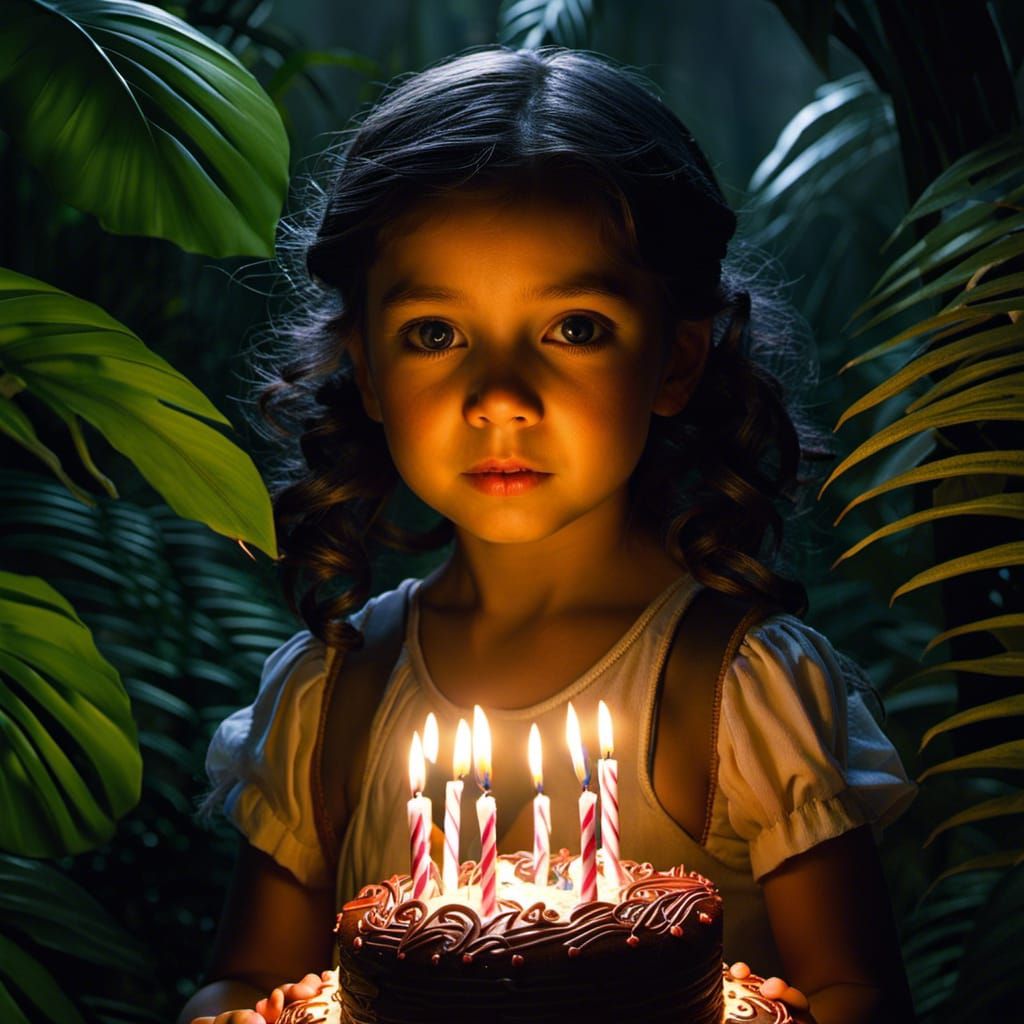 Jungle Girl with Birthday Cake: Chiaroscuro Portrait