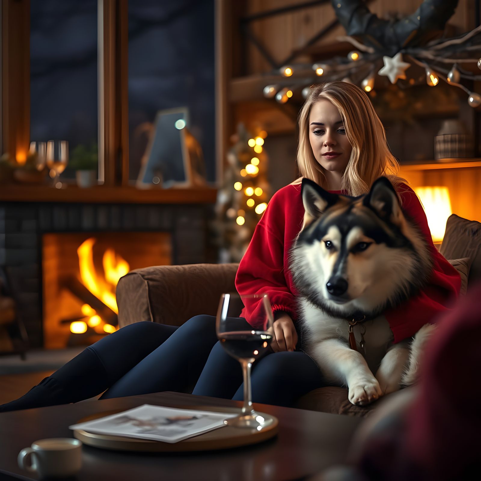Woman and Alaskan Malamute Enjoy Wine by the Winter Fire