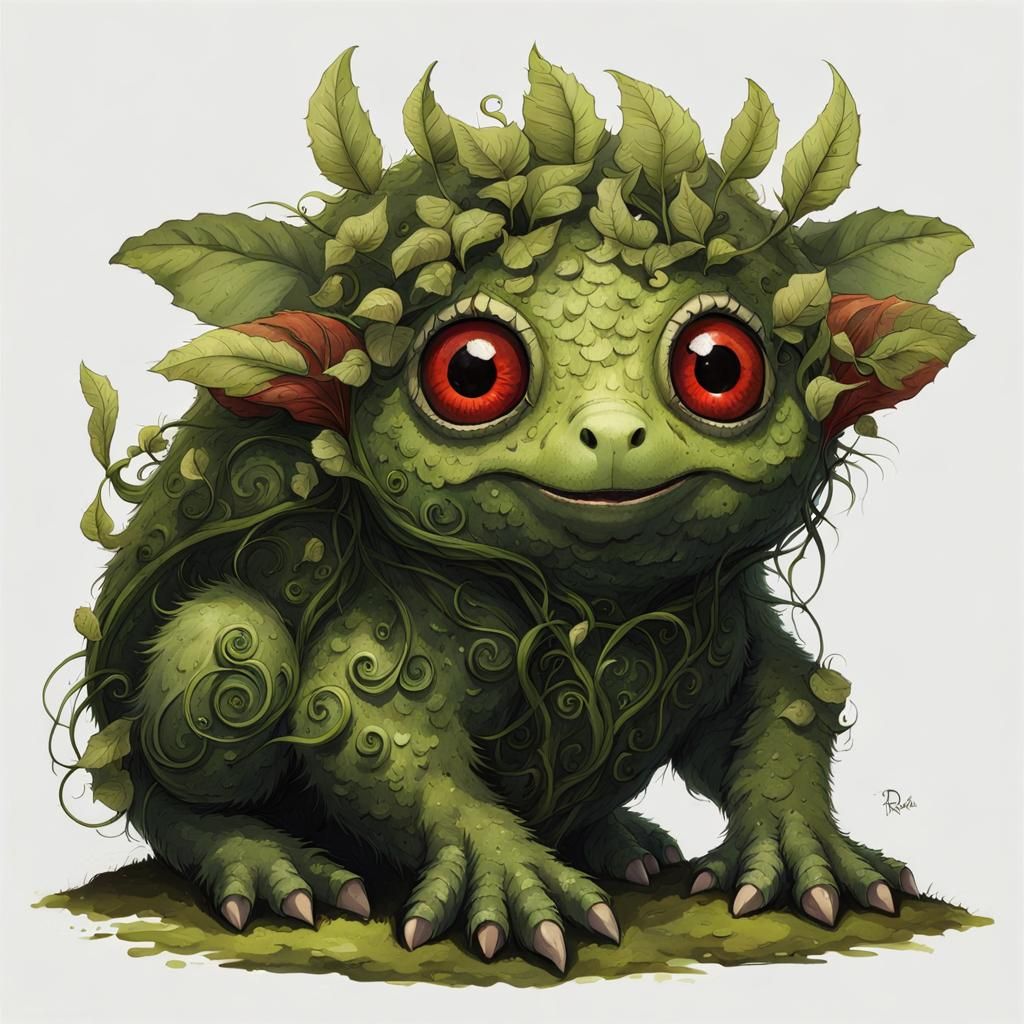Mossy Creature with Red Eyes in Fantasy-Core Style